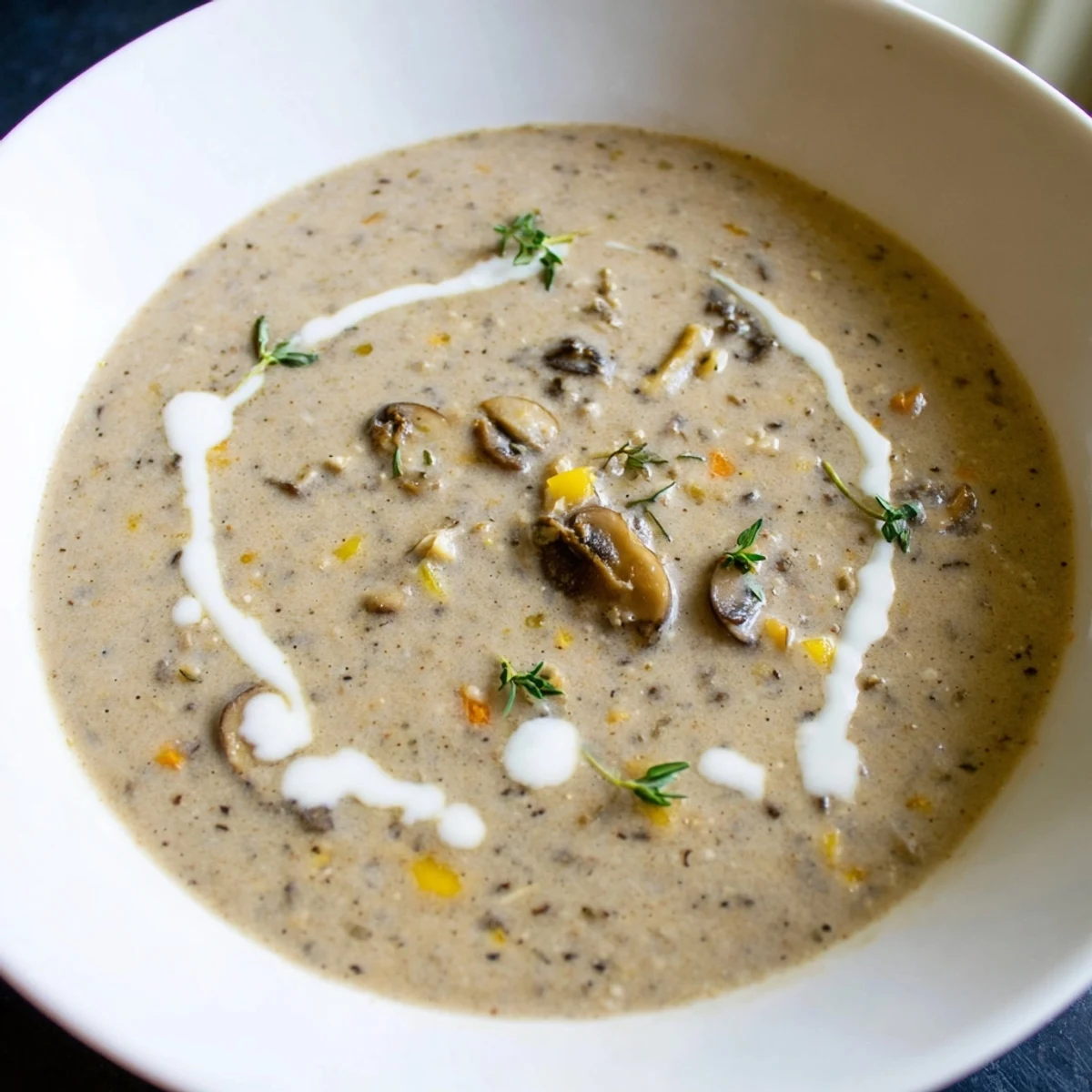 Enjoy a bowl of velvety creamy mushroom soup, fragrant thyme adding warmth, perfect with crusty bread.