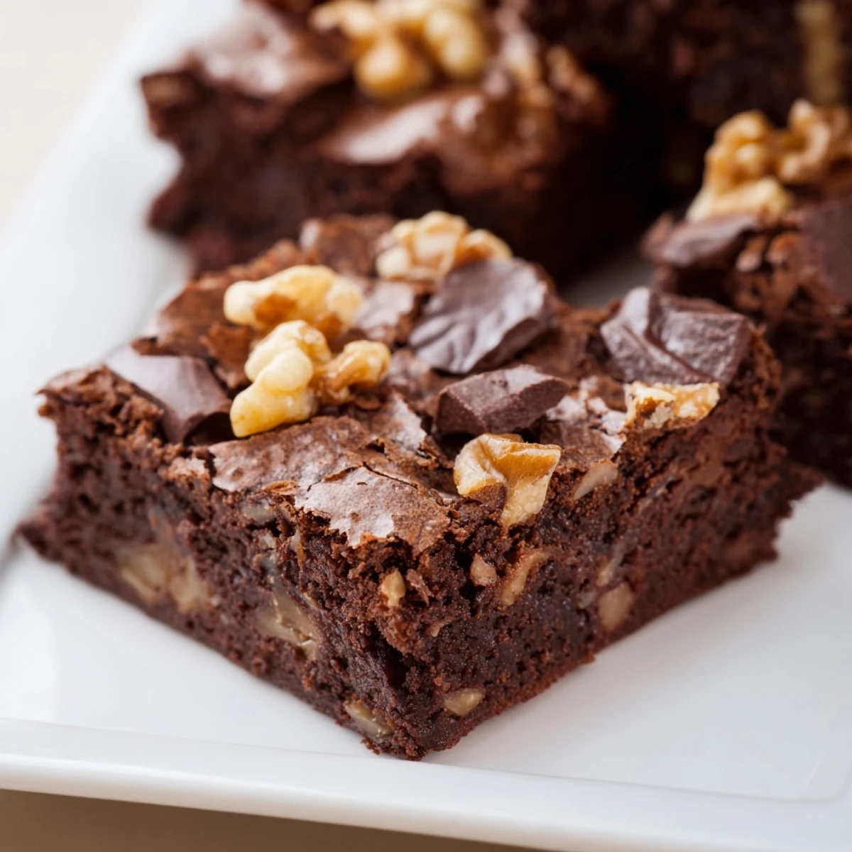 Warm, decadent chocolate fudge brownies with walnuts, offering a perfect, fudgy bite.