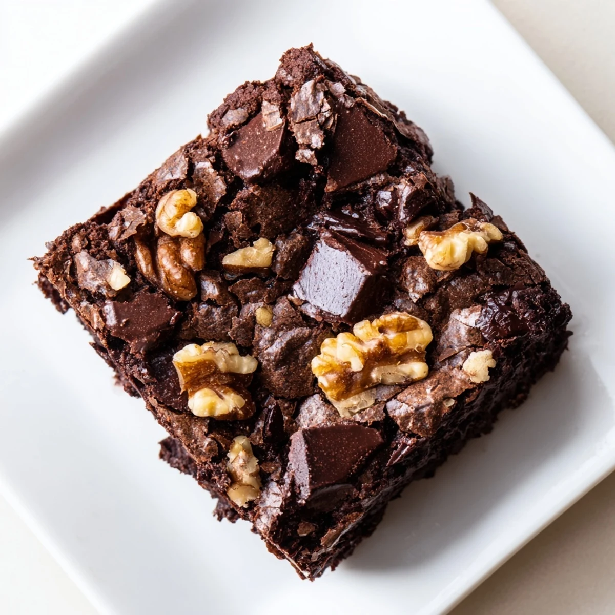 A close-up of freshly baked chocolate fudge brownies with walnuts, glistening with rich chocolate.