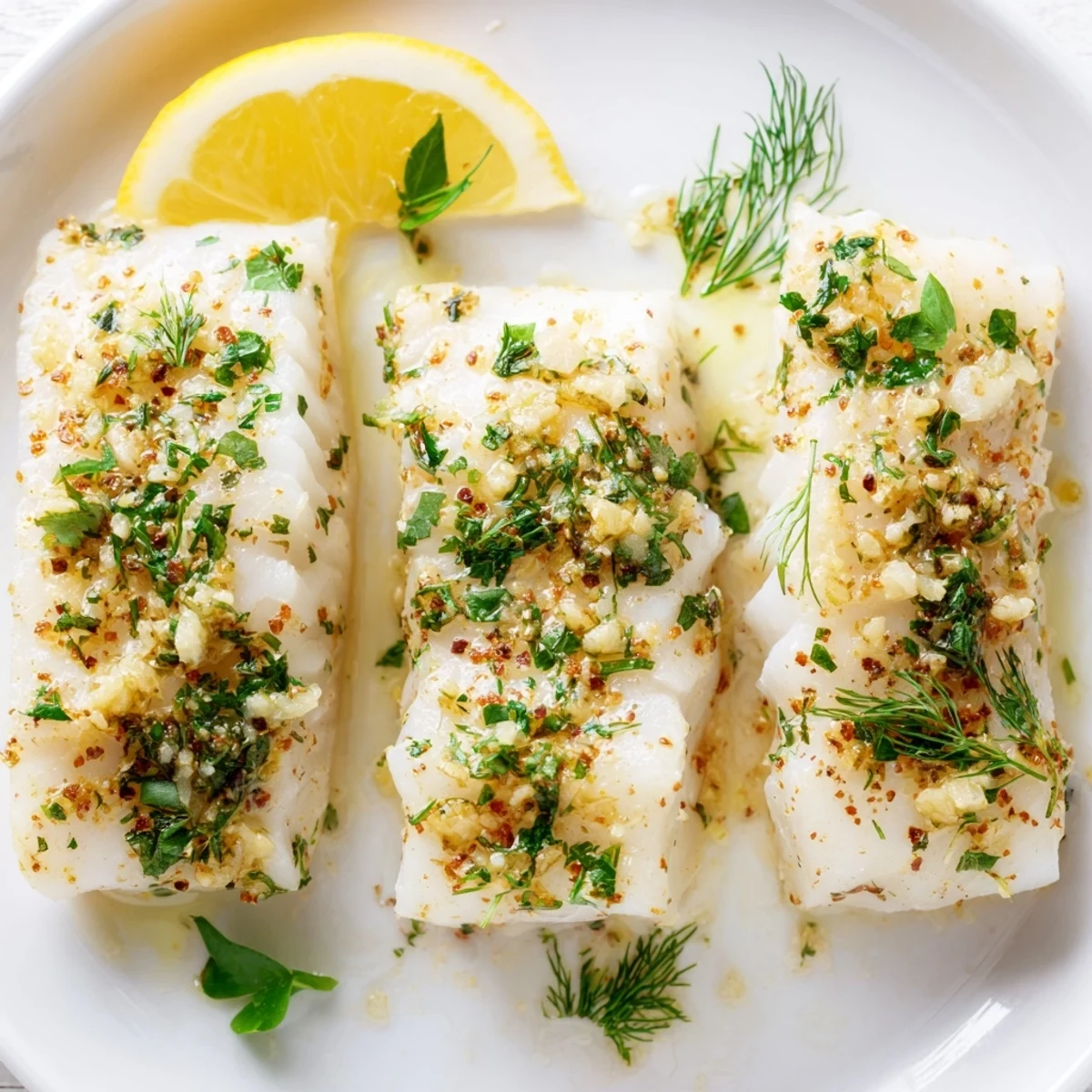This easy baked cod recipe showcases moist fish, infused with garlic and fragrant lemon flavor.