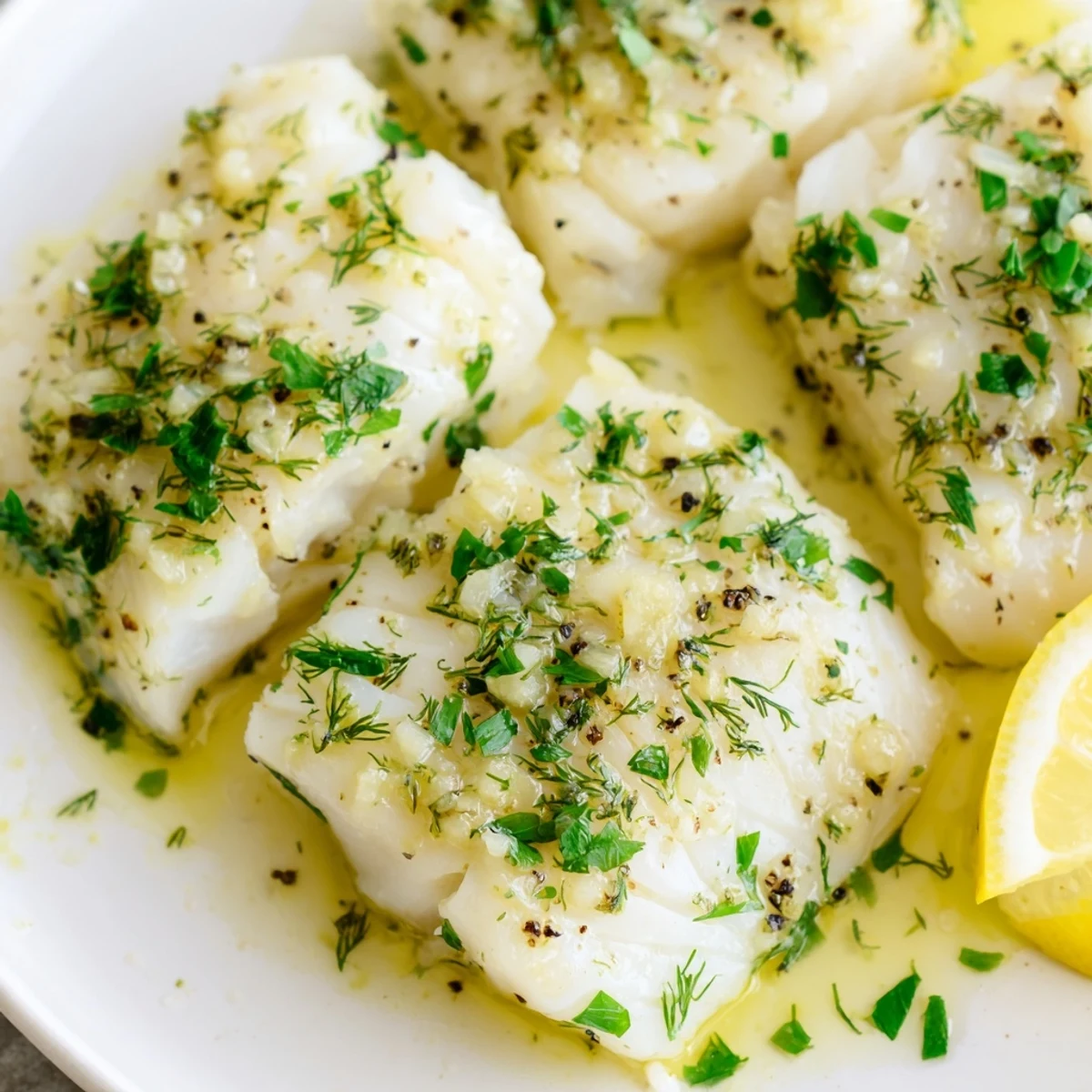 Golden, flaky baked cod with garlic butter glistens, garnished with vibrant fresh herbs.