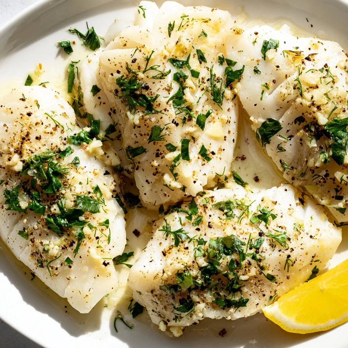 A close-up of delicious baked cod, perfectly cooked and served with fresh lemon wedges.