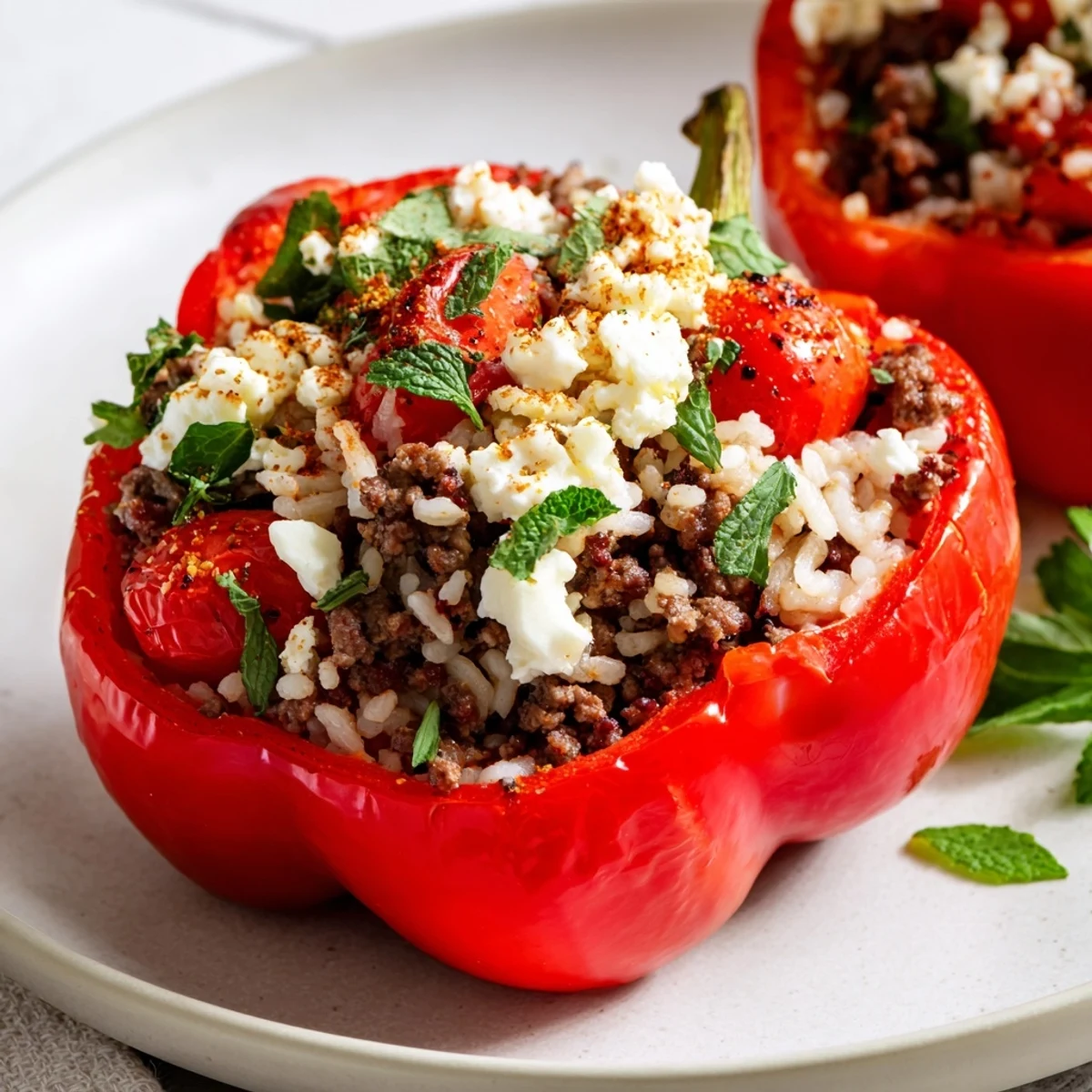 Vibrant, baked Mediterranean stuffed bell peppers with beef, herbs, and feta, a delightful & flavorful dish.