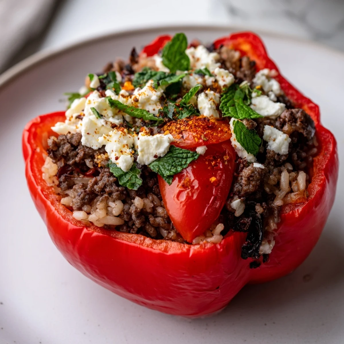 Golden-brown Mediterranean stuffed bell peppers with ground beef, shown steaming hot, ready for a delicious dinner.