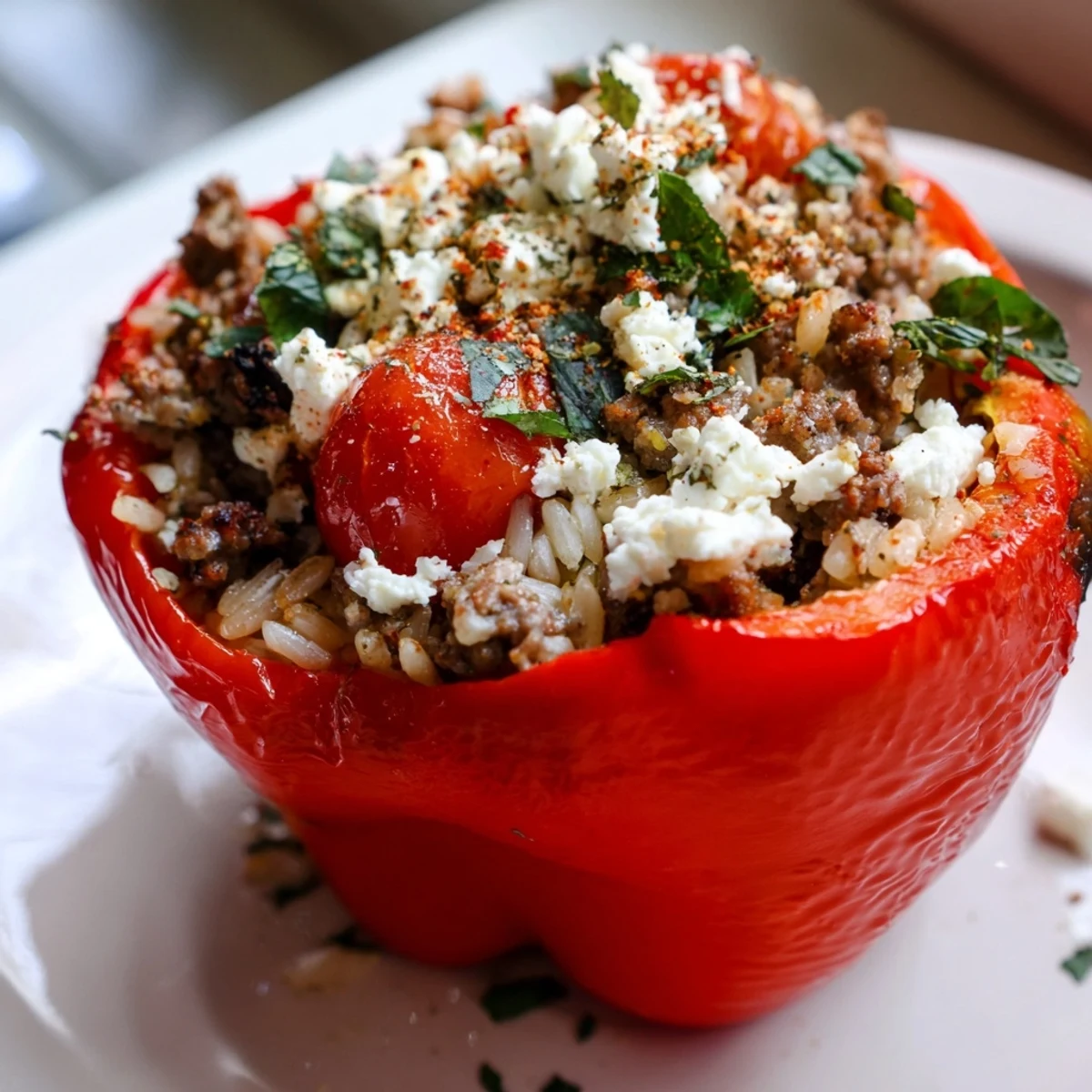 Hearty Mediterranean stuffed bell peppers with beef, beautifully plated and garnished, offering a taste of the Mediterranean.