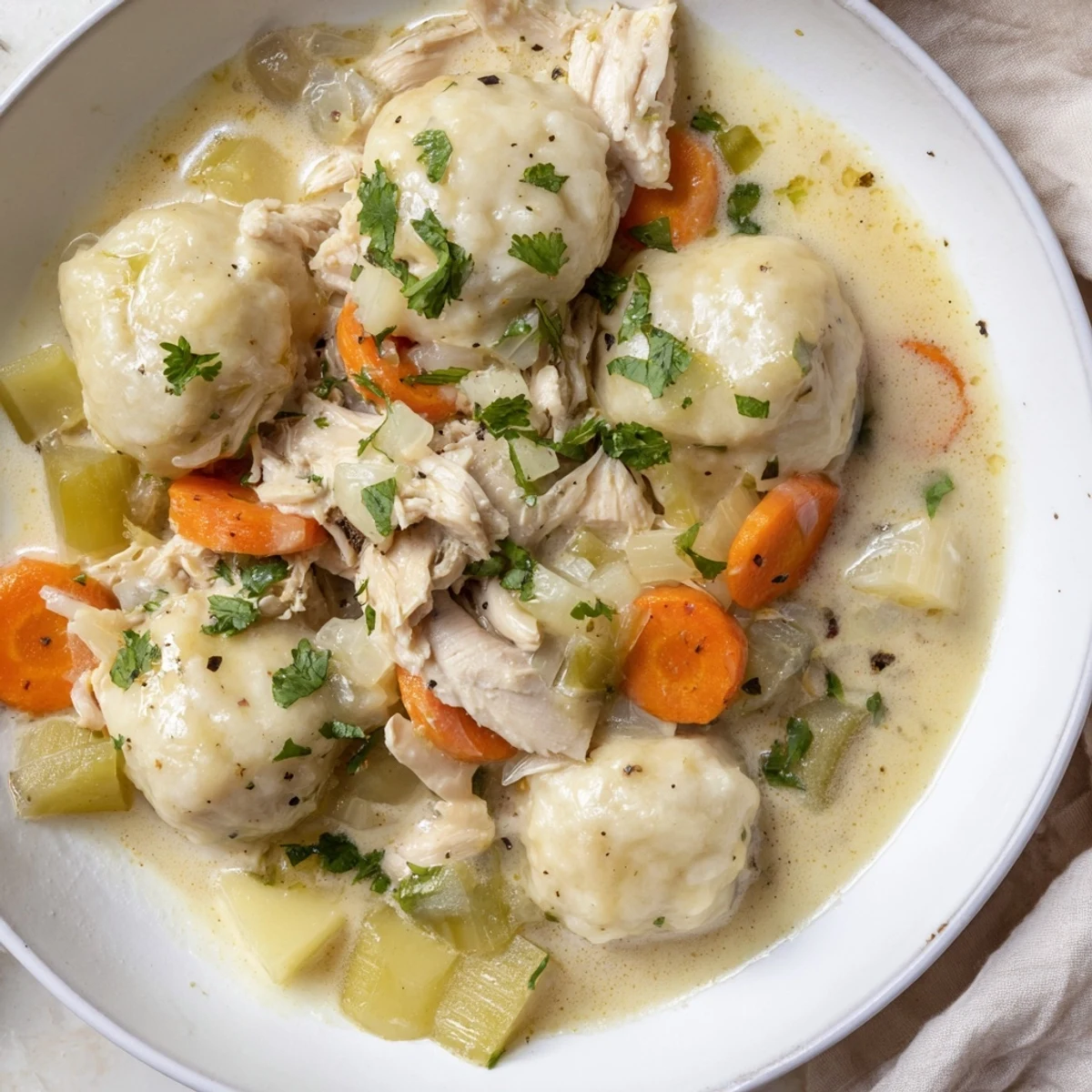 A close-up of fluffy dumplings in creamy slow cooker chicken and dumplings, ready to be served.