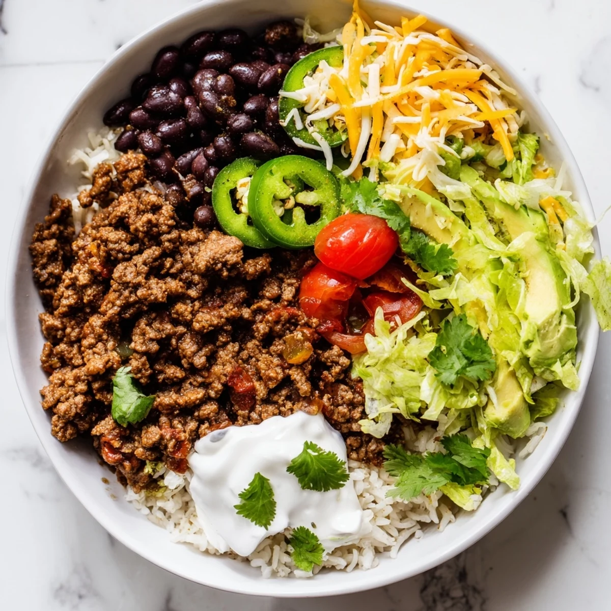 Smell the savory aroma of these flavorful Beef Burrito Bowls, brimming with fresh toppings.
