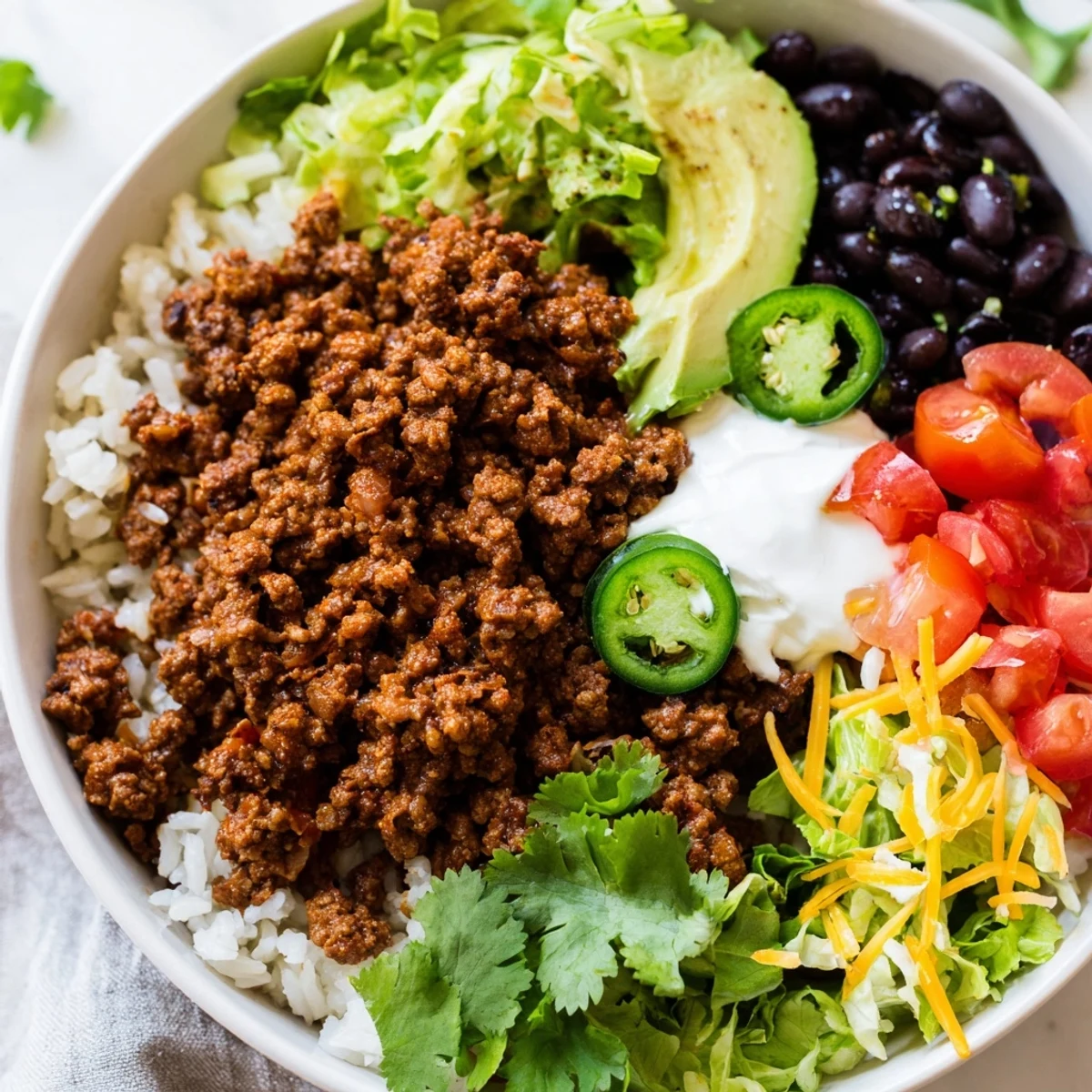A satisfying bowl of Beef Burrito Bowls with fluffy rice, seasoned beef, and vibrant, fresh ingredients.