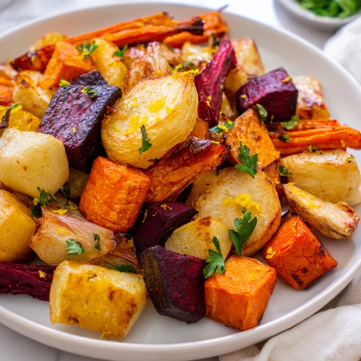 Golden-brown roasted root vegetable medley, a colorful and healthy side dish with fresh herbs.