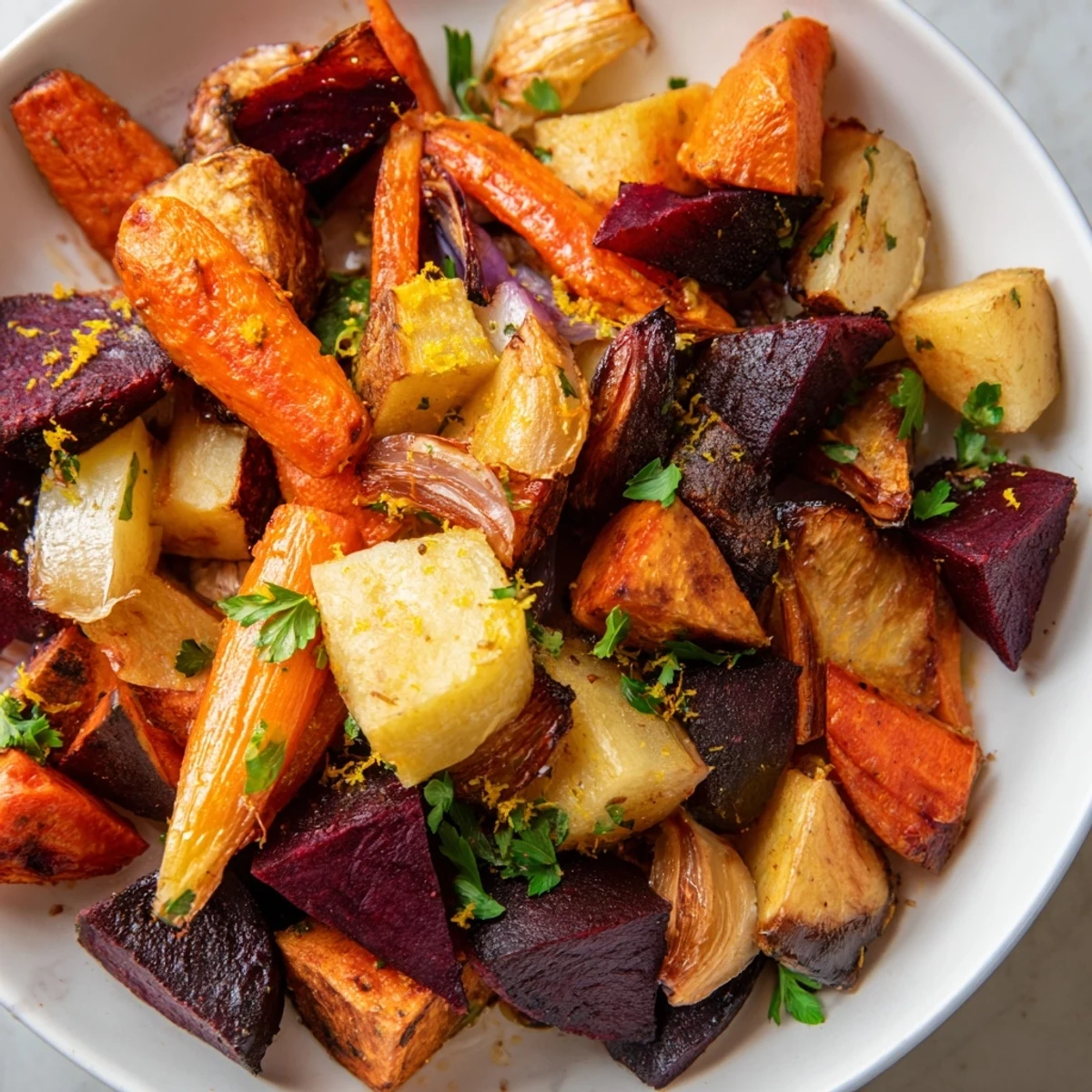 Earthy and sweet, the roasted root vegetable medley features a mix of tender, flavorful vegetables.
