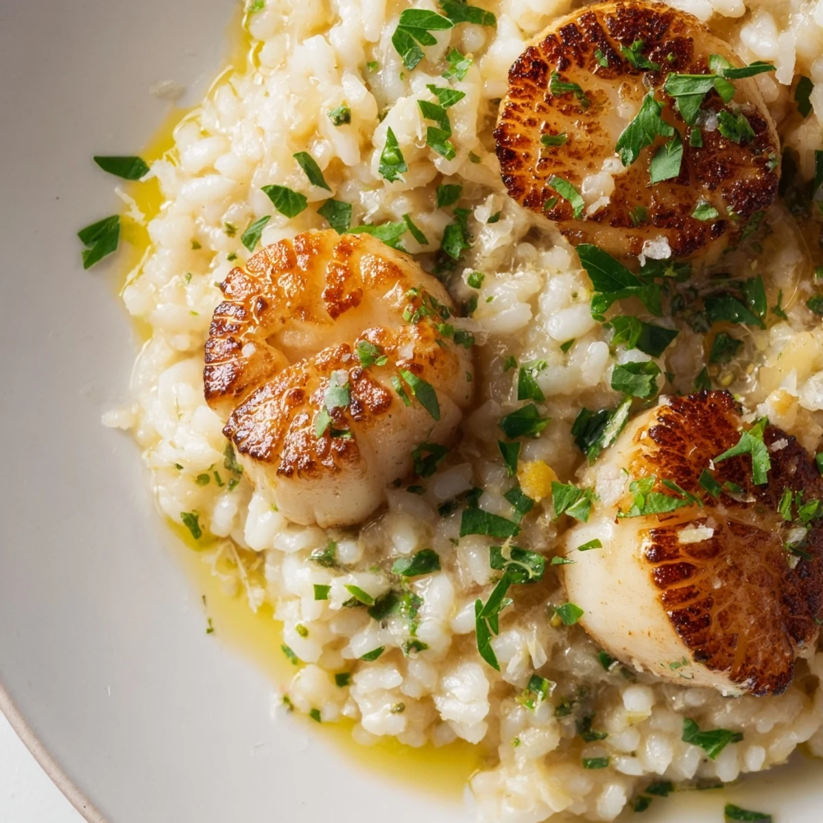 Golden seared Lemon Garlic Scallops atop creamy risotto, a vibrant and appetizing dish.