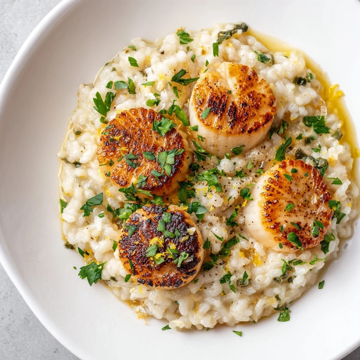 A close-up of tender Lemon Garlic Scallops glistening with butter, beside a bed of risotto.