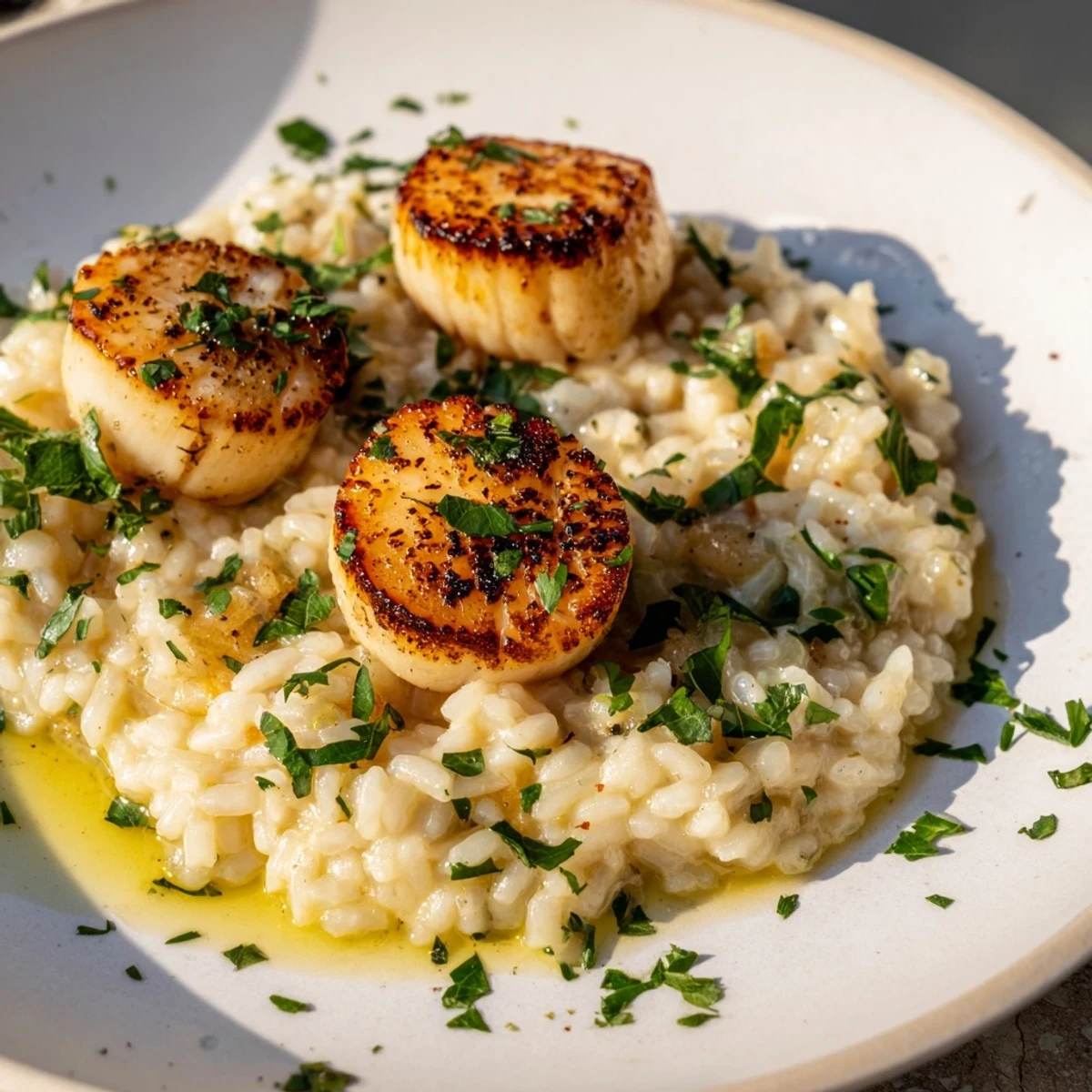 Elegant plate of Italian Lemon Garlic Scallops over creamy risotto, perfect for a special dinner.