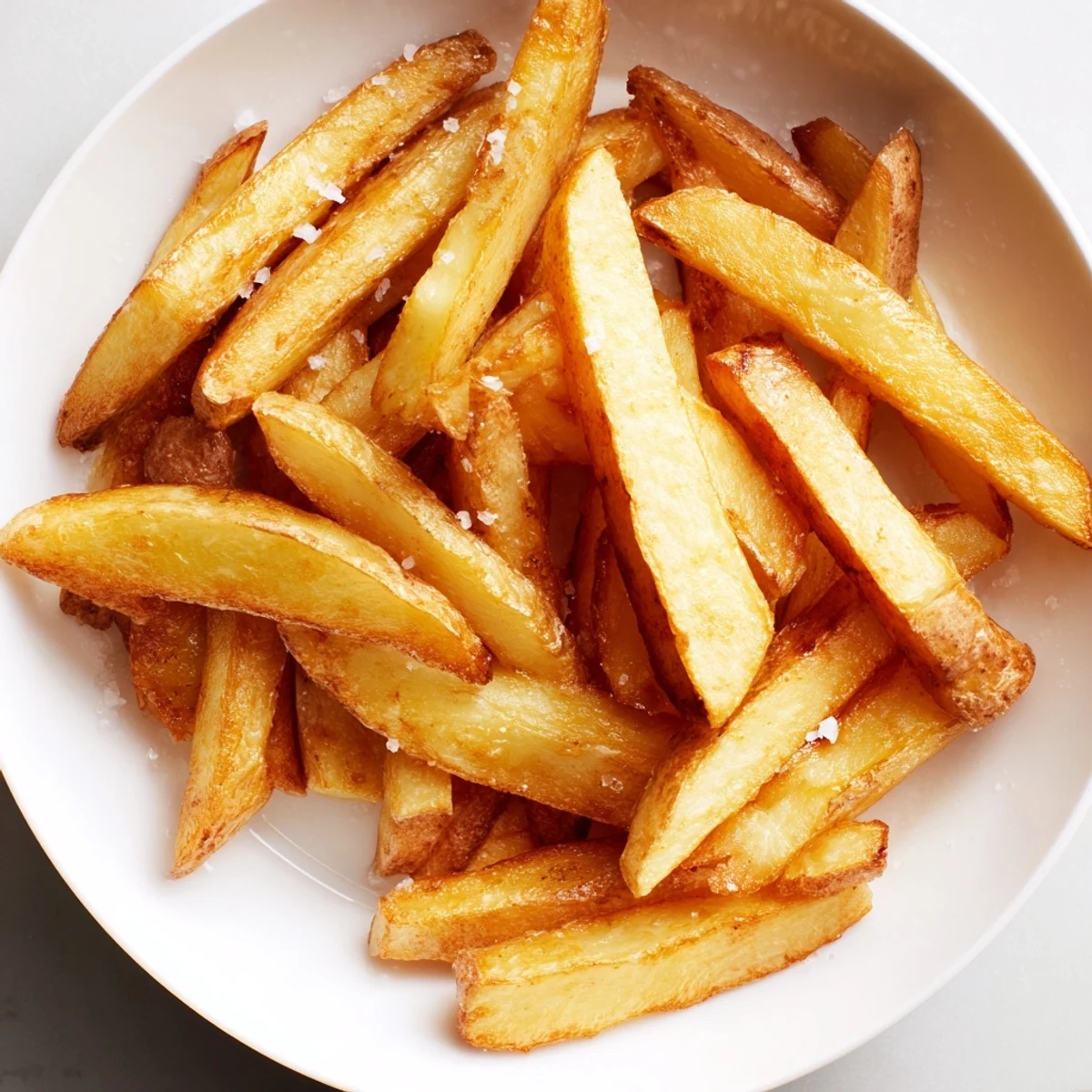 Golden, crispy air fryer French fries sprinkled with sea salt, ready to devour.
