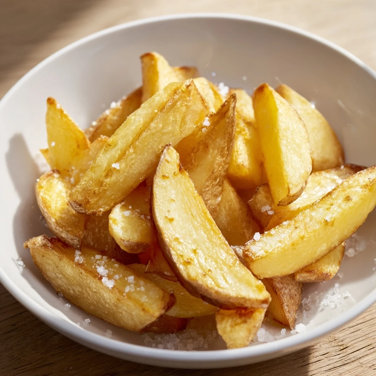 A close-up of perfectly cooked air fryer French fries, seasoned with sea salt crystals.