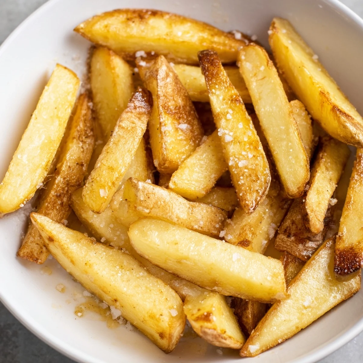 Freshly made air fryer French fries offer satisfying crunch, enhanced with sea salt flavor.