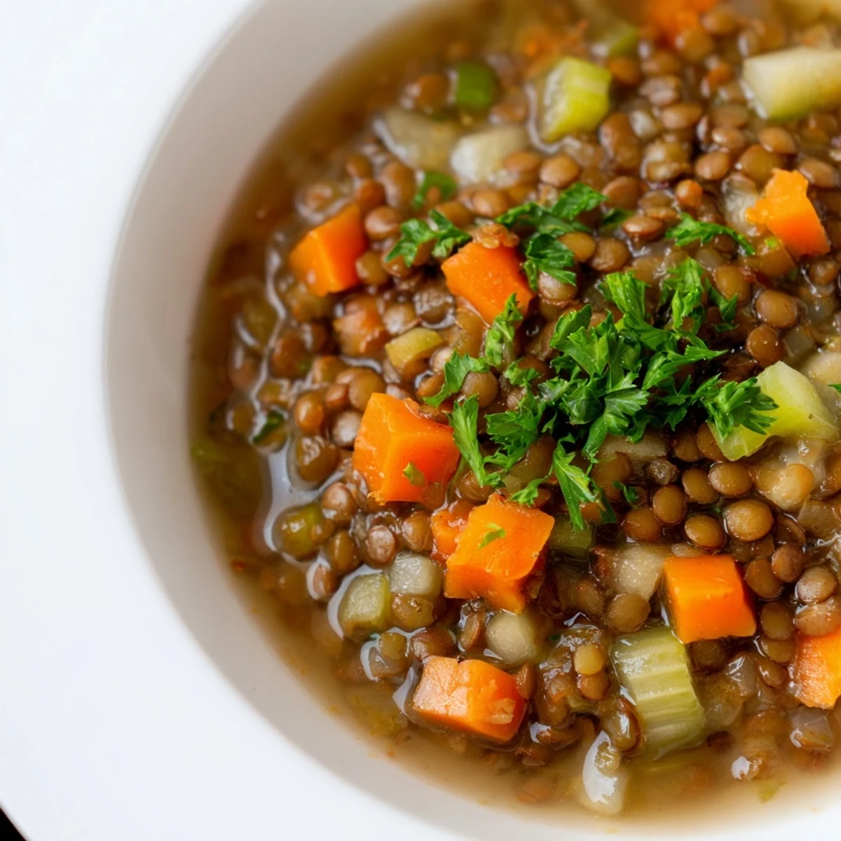 Spicy Lentil Soup with Carrots and Celery served hot, ready to be enjoyed with crusty bread.