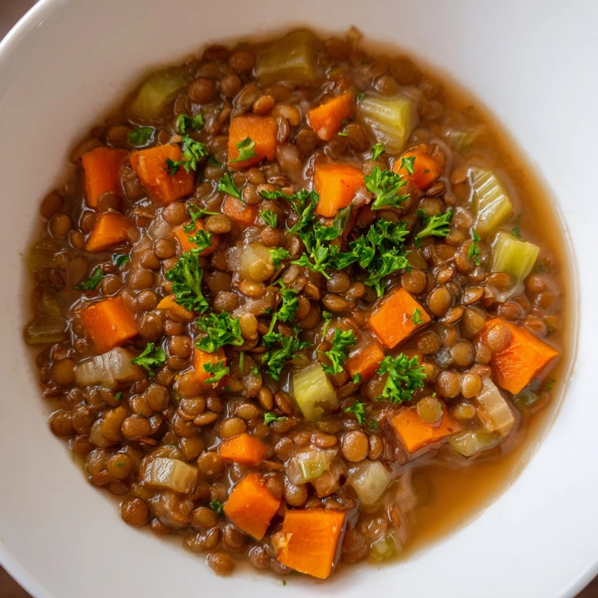Close-up on vibrant carrots and celery in Spicy Lentil Soup, a hearty vegan main dish.