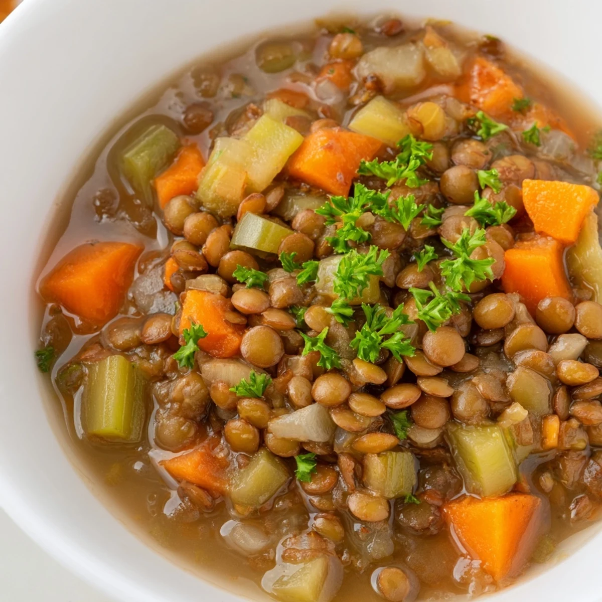 Steaming bowl of Spicy Lentil Soup with Carrots and Celery, garnished with fresh parsley and lemon.