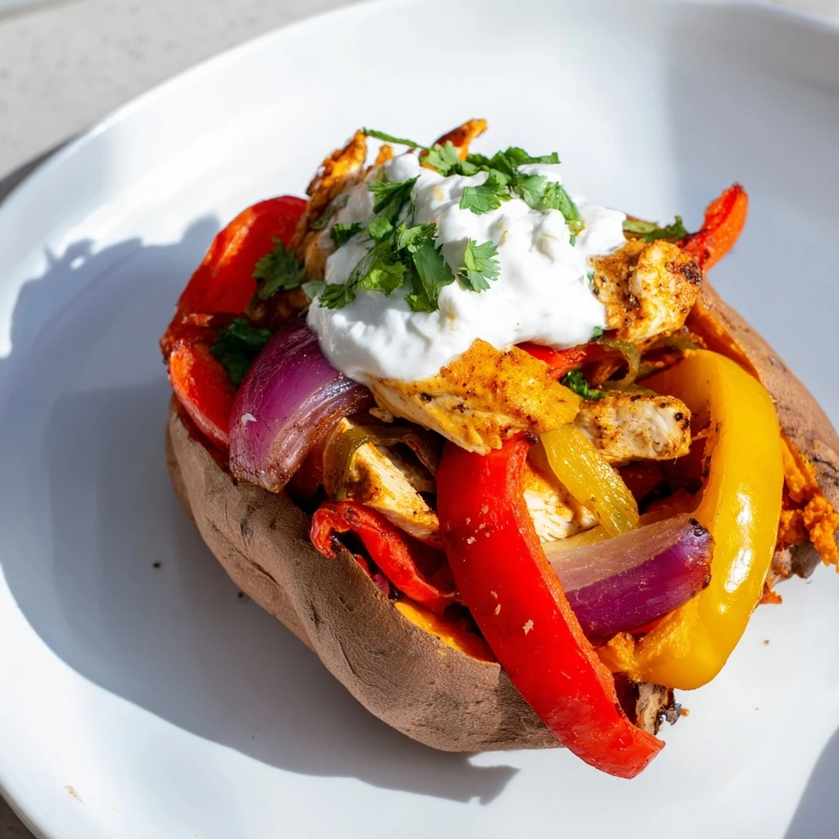 Golden roasted sweet potatoes sliced open, generously stuffed with sizzling fajita-spiced chicken, vibrant bell peppers, and onions.
