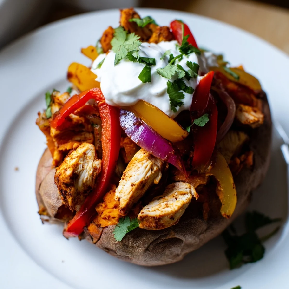 Tender sweet potatoes topped with creamy Greek yogurt, fresh cilantro, and a bright lime wedge for serving.
