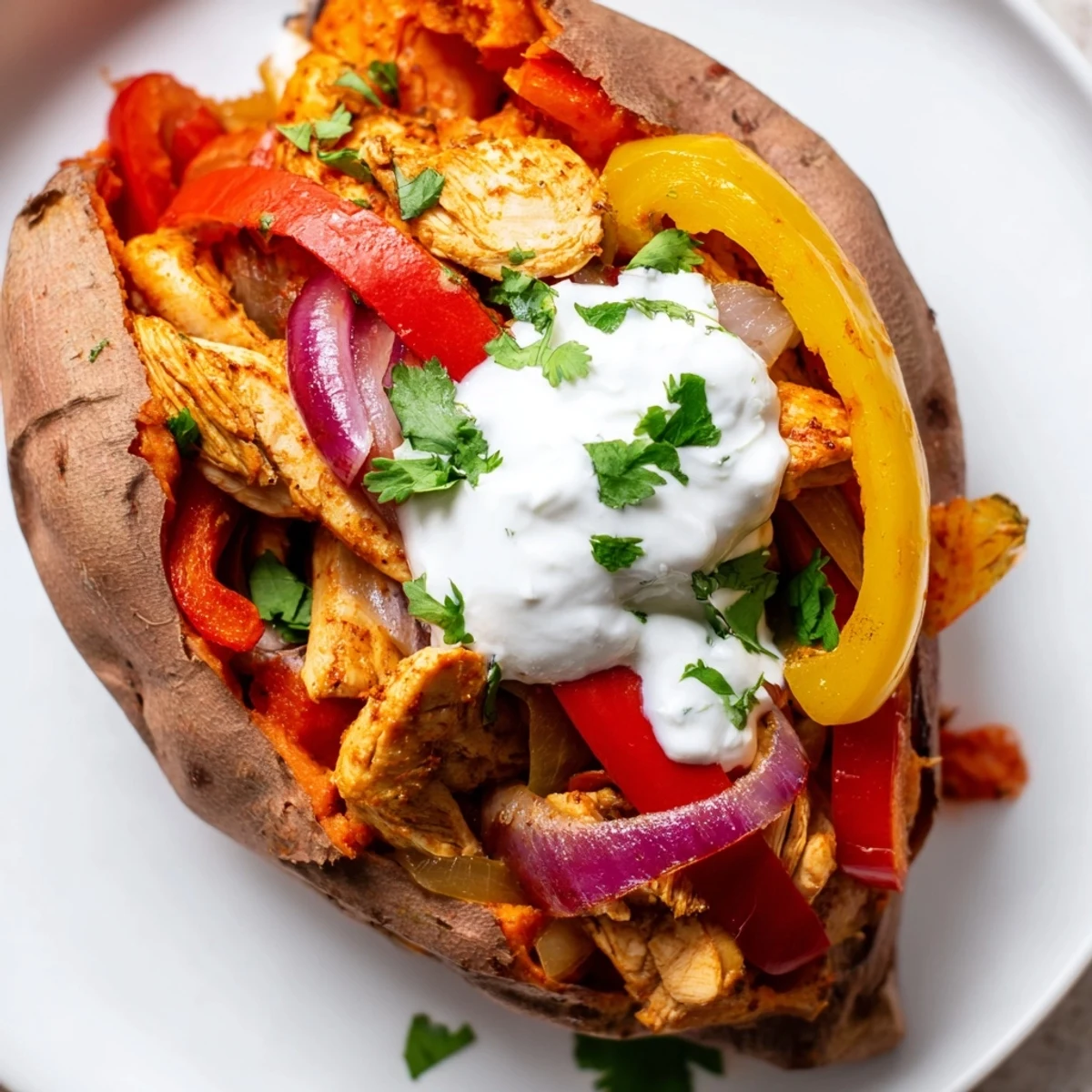 Colorful Tex-Mex chicken fajita stuffed sweet potatoes plated with Greek yogurt and cilantro on a rustic table.