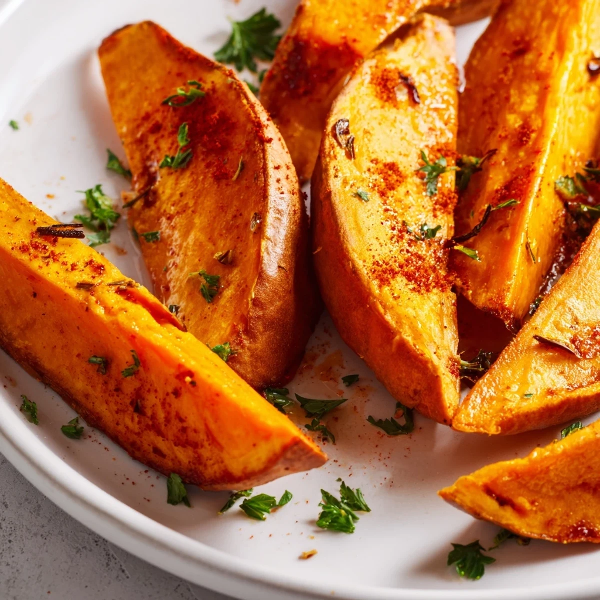 Golden brown Roasted Sweet Potato Wedges with Smoked Paprika on a plate, ready to dip in creamy yogurt sauce.