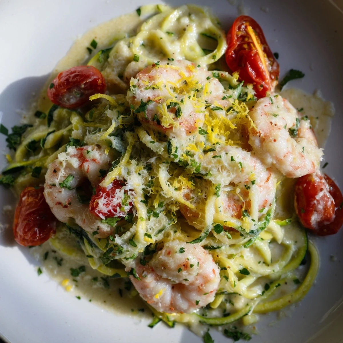 Creamy Garlic Shrimp with Zucchini Noodles twirls in a rich garlic cream sauce, garnished with fresh parsley and served warm.