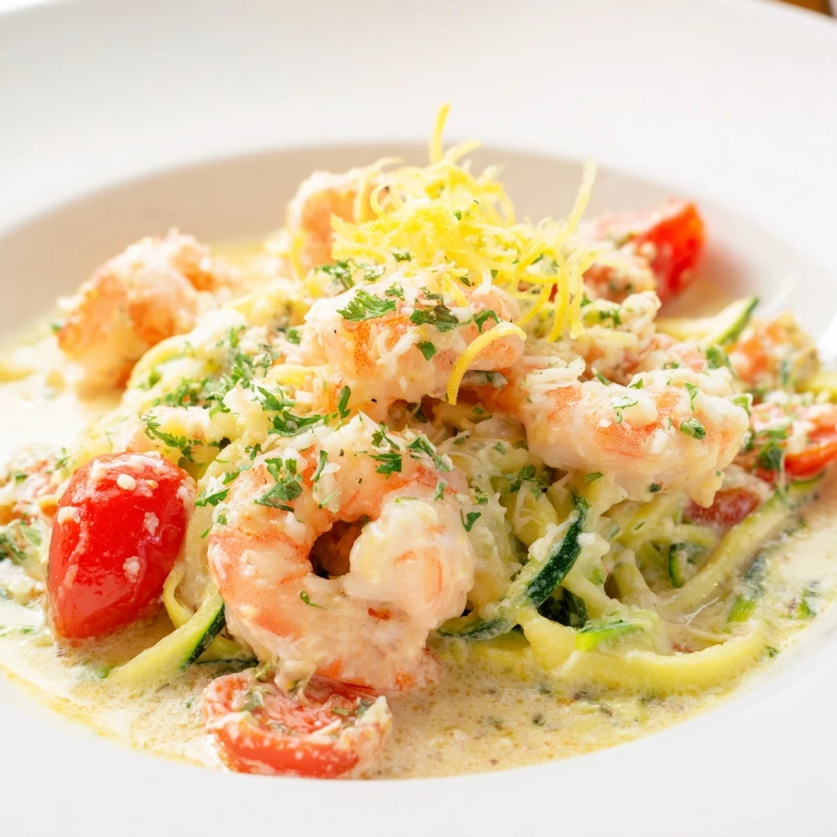 A close-up of Creamy Garlic Shrimp with Zucchini Noodles, showing tender shrimp and bright cherry tomatoes in a velvety sauce.