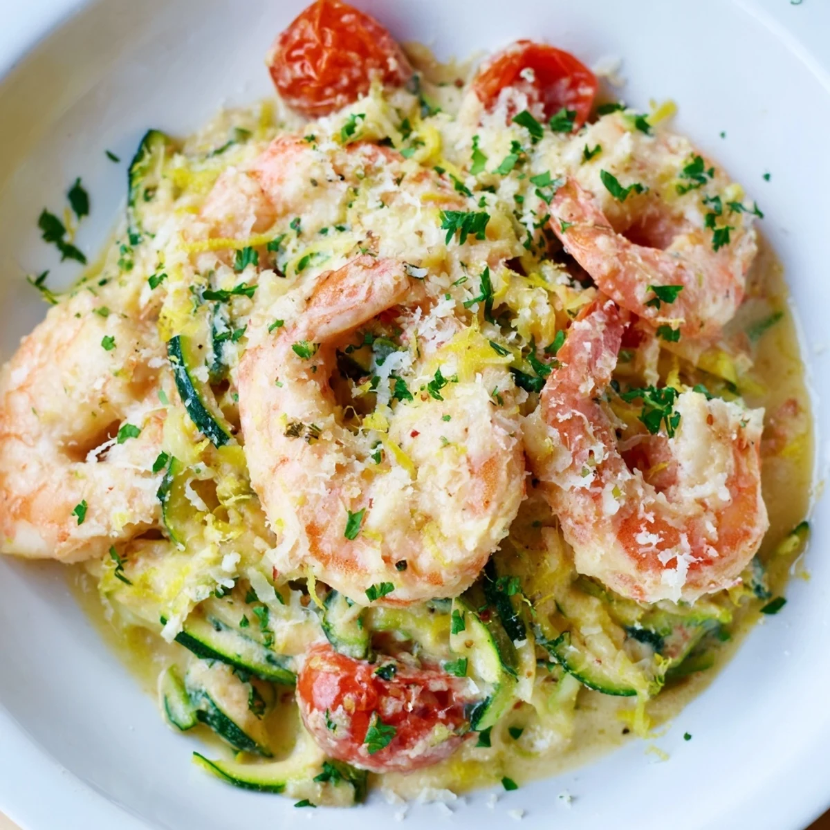 Plated Creamy Garlic Shrimp with Zucchini Noodles, a low-carb skillet meal topped with Parmesan and a squeeze of lemon.