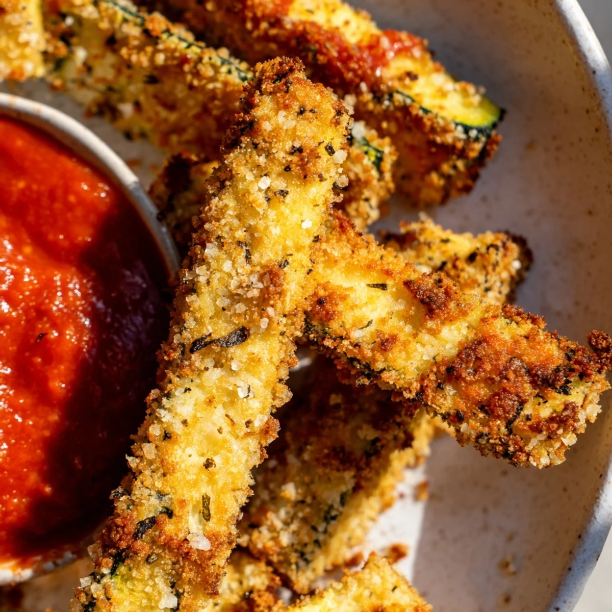 Golden-brown Baked Zucchini Fries with Marinara Dipping Sauce on a rustic platter, showcasing crispy texture and vibrant red sauce.