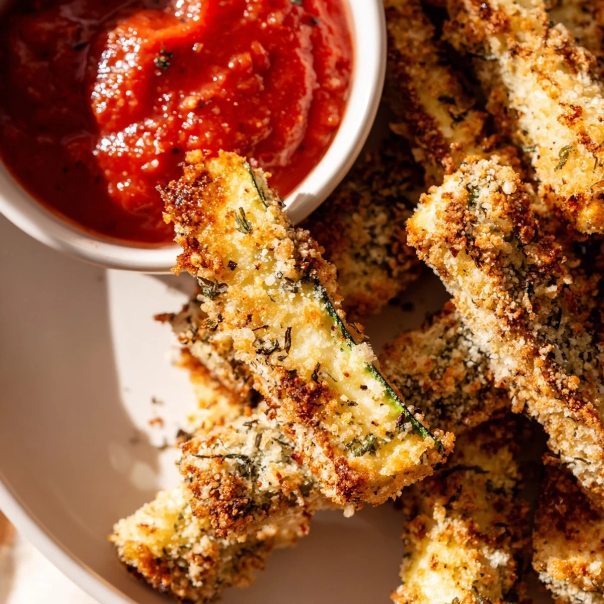 Crisp, golden Baked Zucchini Fries with Marinara Dipping Sauce served on a wooden board with fresh herbs.