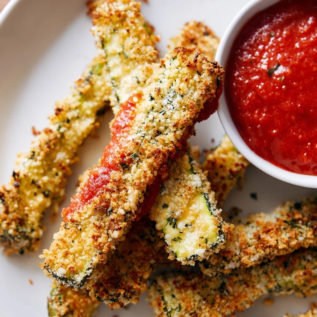 Close-up view of crunchy Baked Zucchini Fries with Marinara Dipping Sauce, highlighting the golden Parmesan crust.