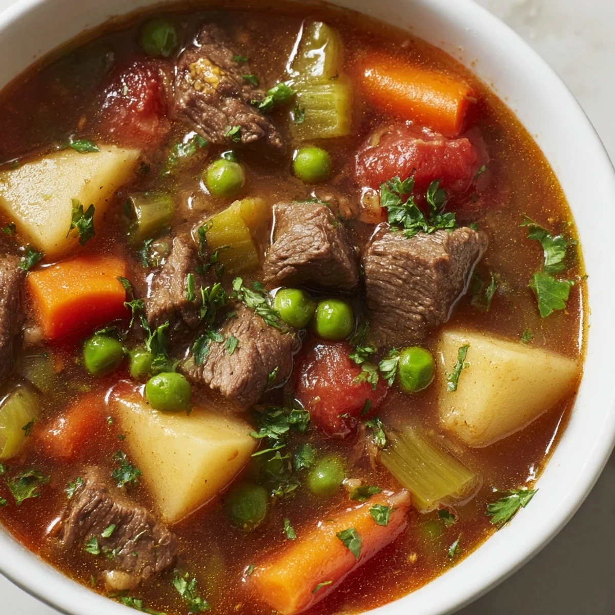 A bowl of hearty Beef Vegetable Soup with Potatoes and Peas, garnished with fresh parsley.