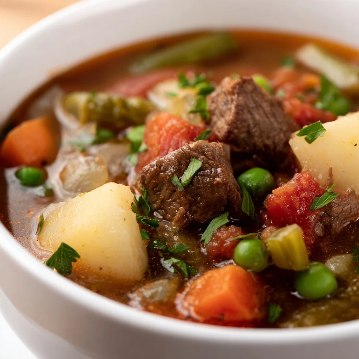 Close-up of Beef Vegetable Soup with Potatoes and Peas featuring sweet green peas and carrots.