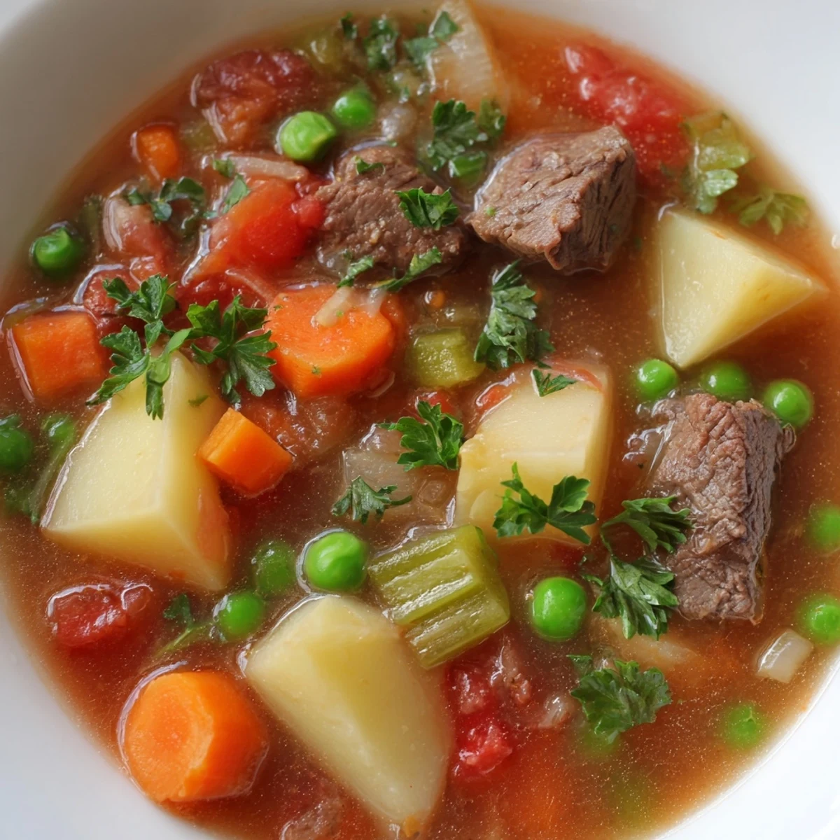 Tender beef cubes and diced potatoes simmer in a savory broth in this Beef Vegetable Soup with Potatoes and Peas.