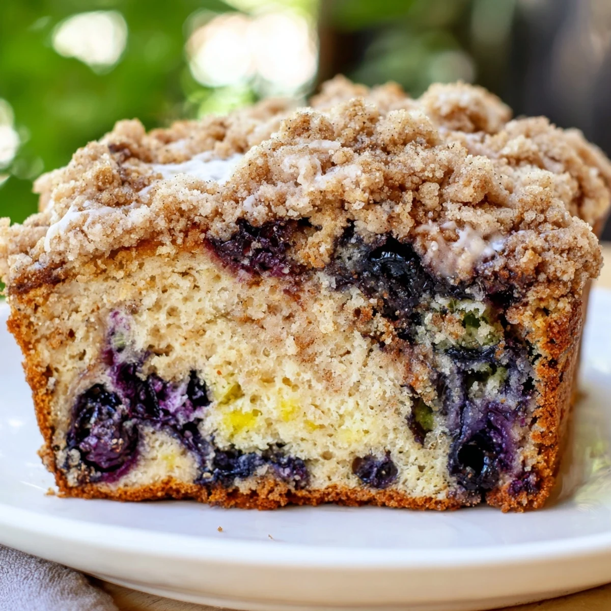 Freshly baked Lemon Blueberry Bread with streusel topping sliced on a wooden board, ready for breakfast.
