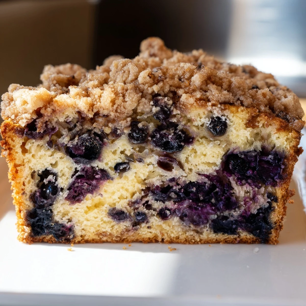 Warm slice of Lemon Blueberry Bread revealing juicy blueberries and zesty lemon crumb, served with coffee.