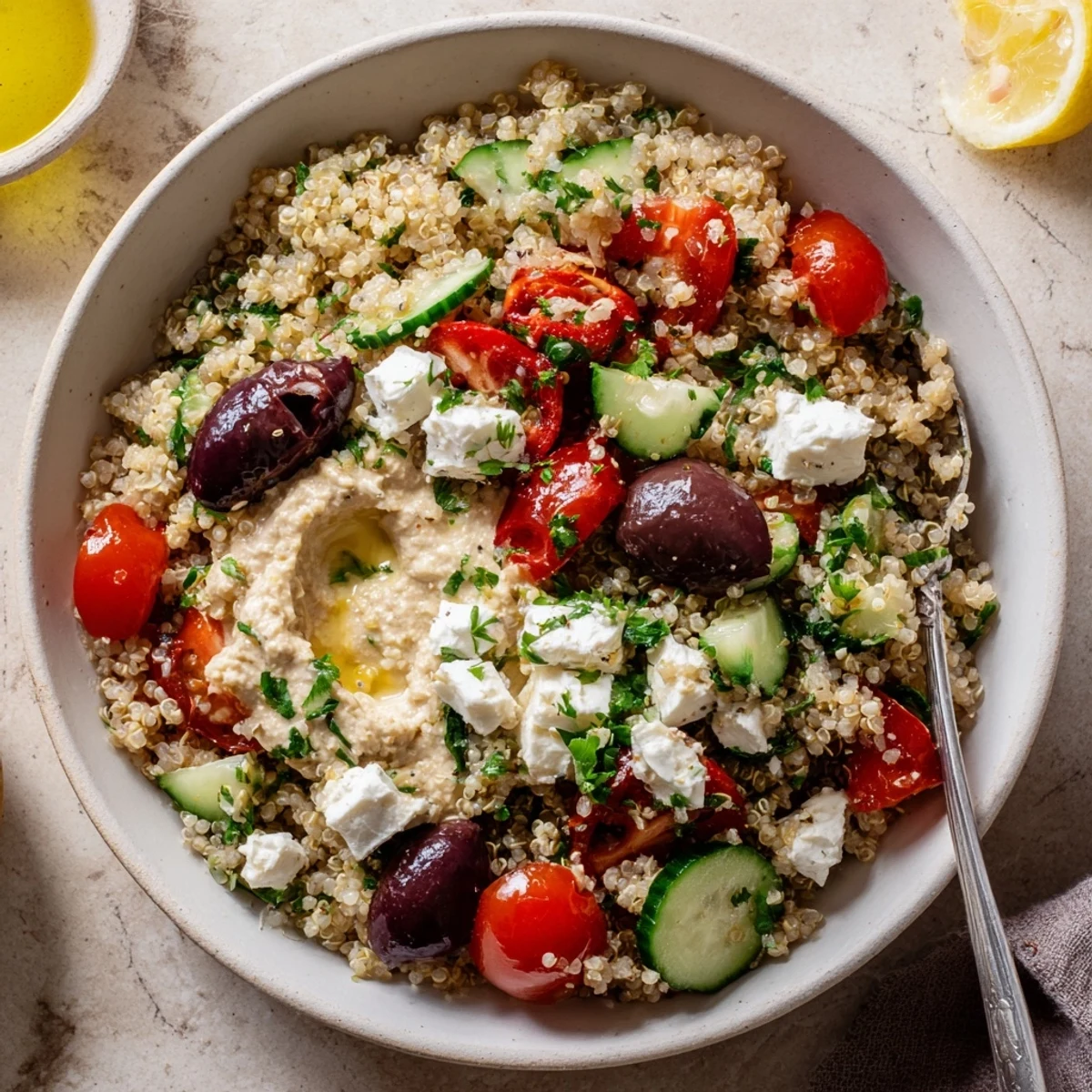 A Mediterranean Quinoa Bowl with a dollop of creamy hummus, topped with briny olives and fresh, vibrant vegetables for a healthy meal.