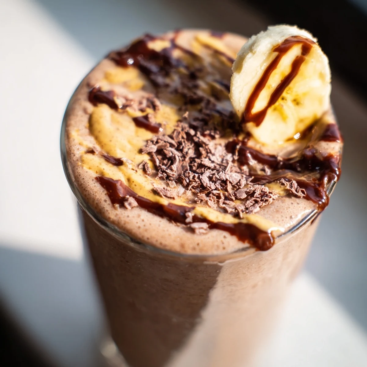 A tall glass of Chocolate Peanut Butter Smoothie with Banana garnished with a fresh banana slice and peanut butter drizzle, ideal for a quick breakfast.