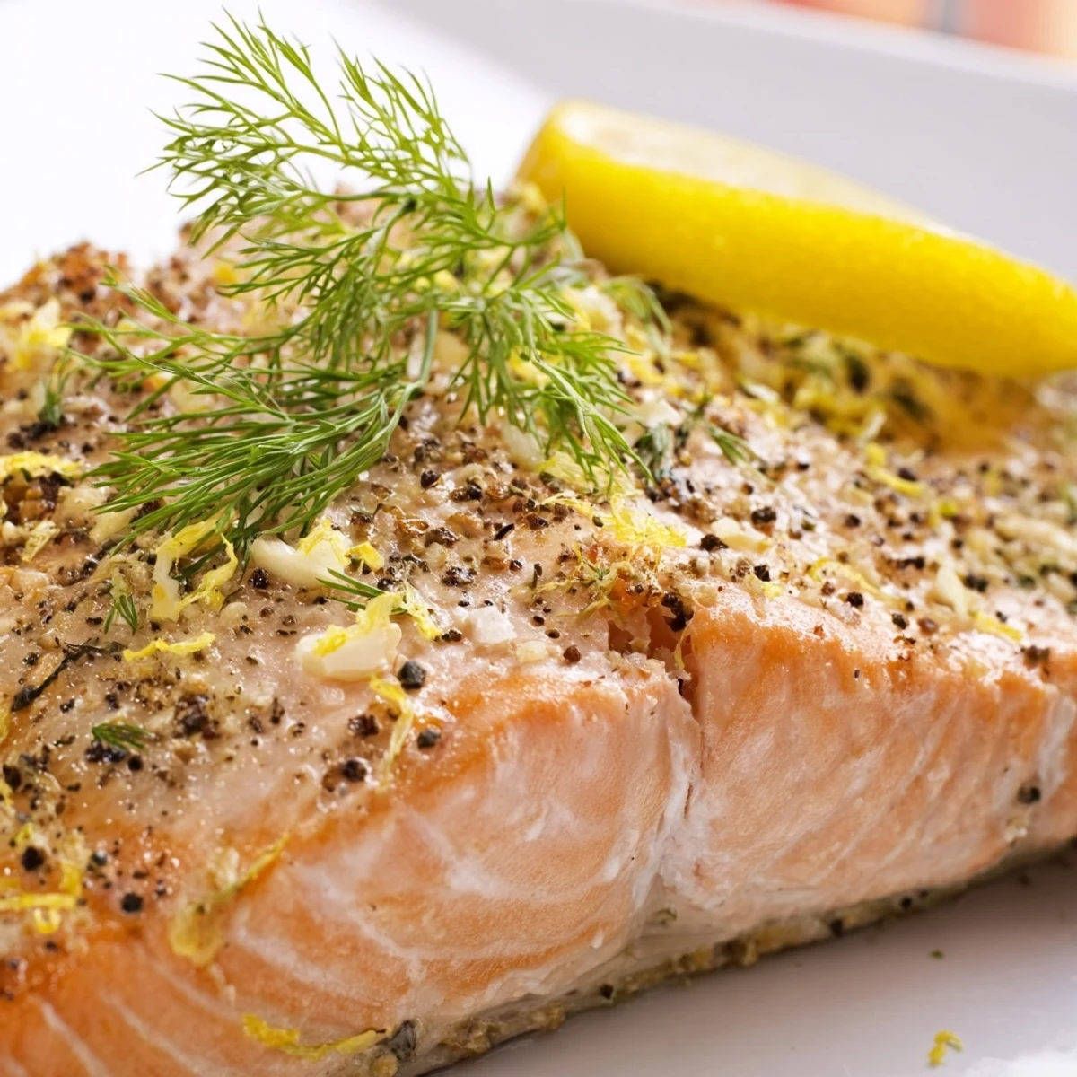 Golden and flaky Baked Salmon Fillet with herbs and lemon zest, ready to serve for dinner.