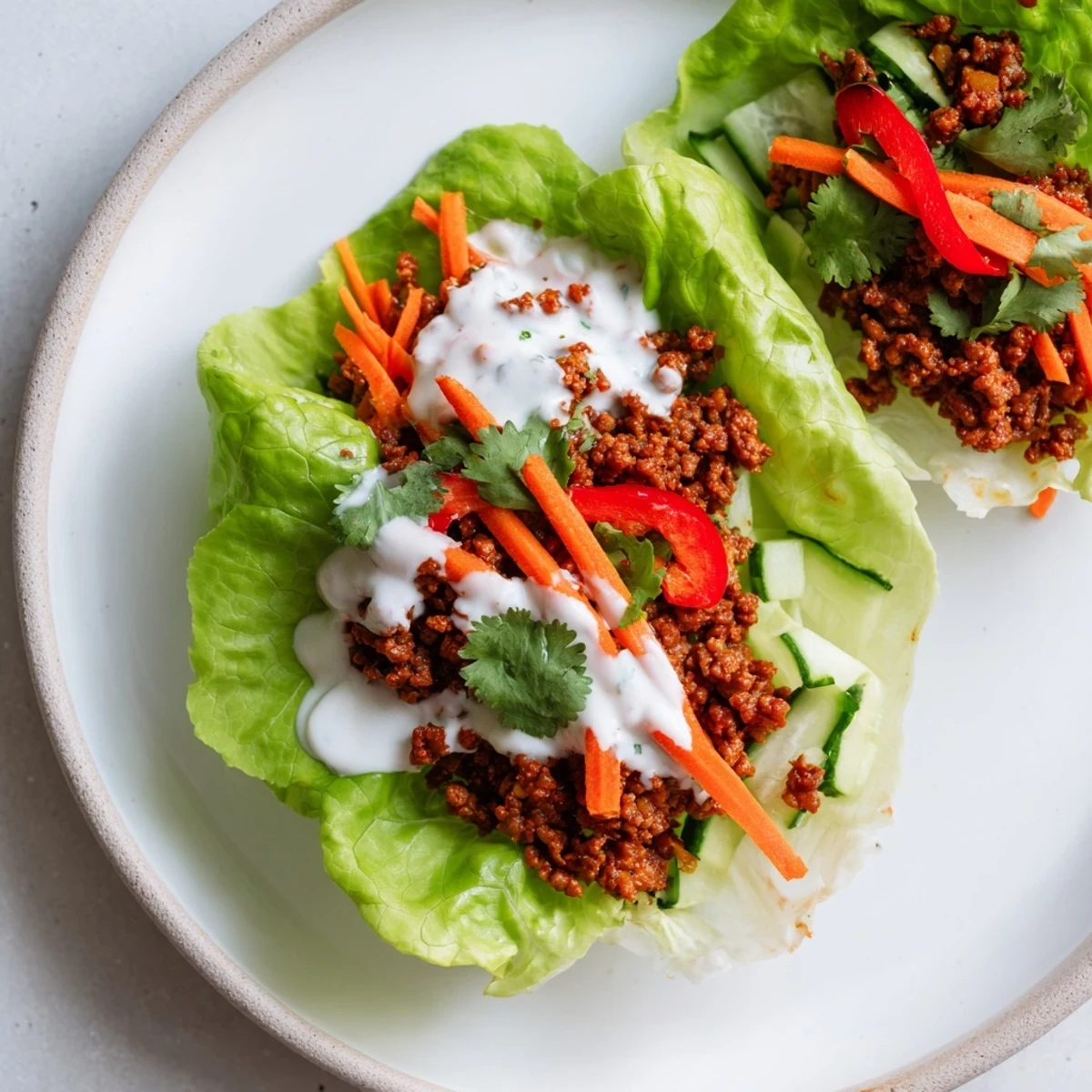Juicy, seasoned ground beef wrapped in crisp butter lettuce with carrots and peppers, served with lime yogurt sauce on the side.