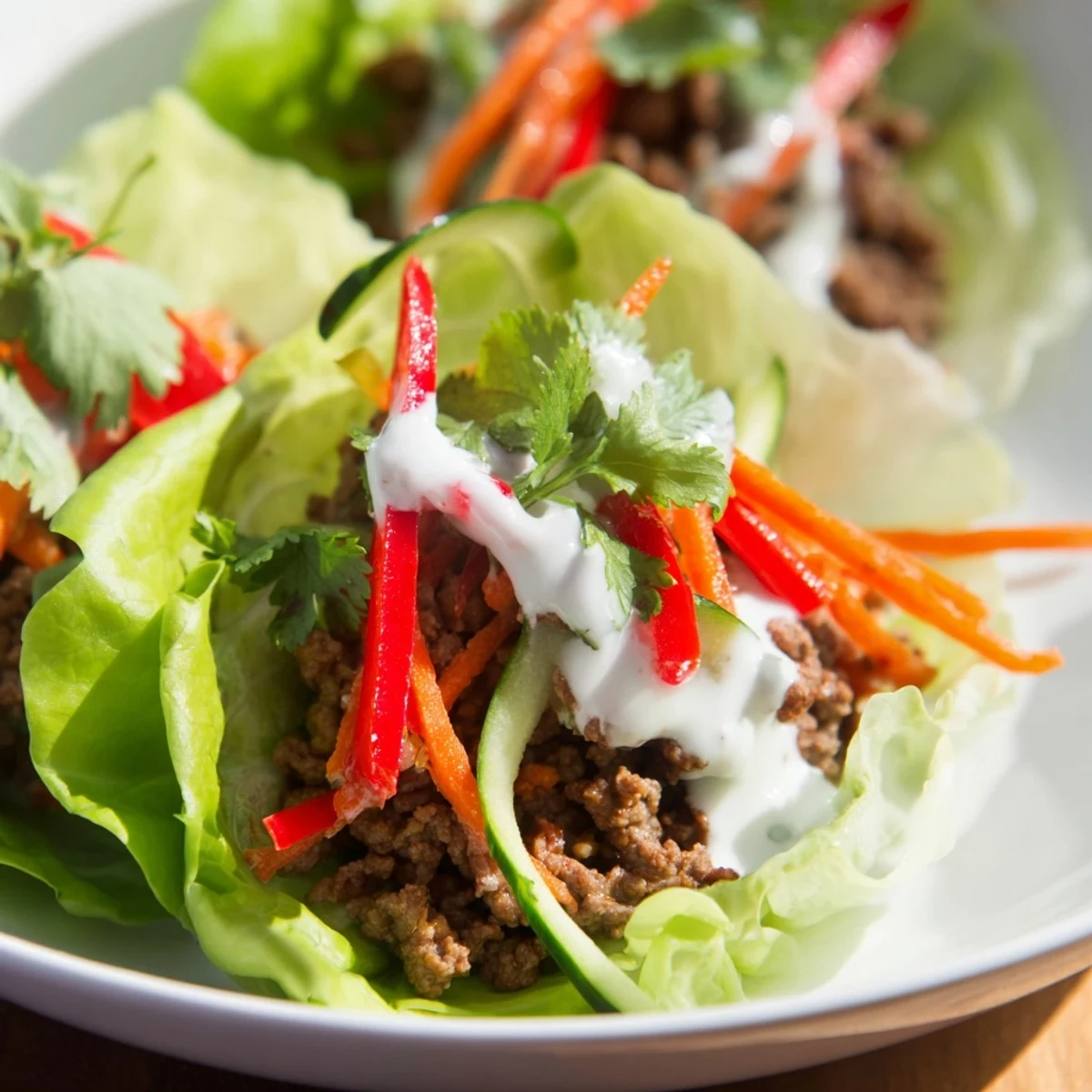 Sizzling skillet ground beef with cumin and paprika spooned into cool lettuce cups, topped with crunchy veggies and fresh cilantro.