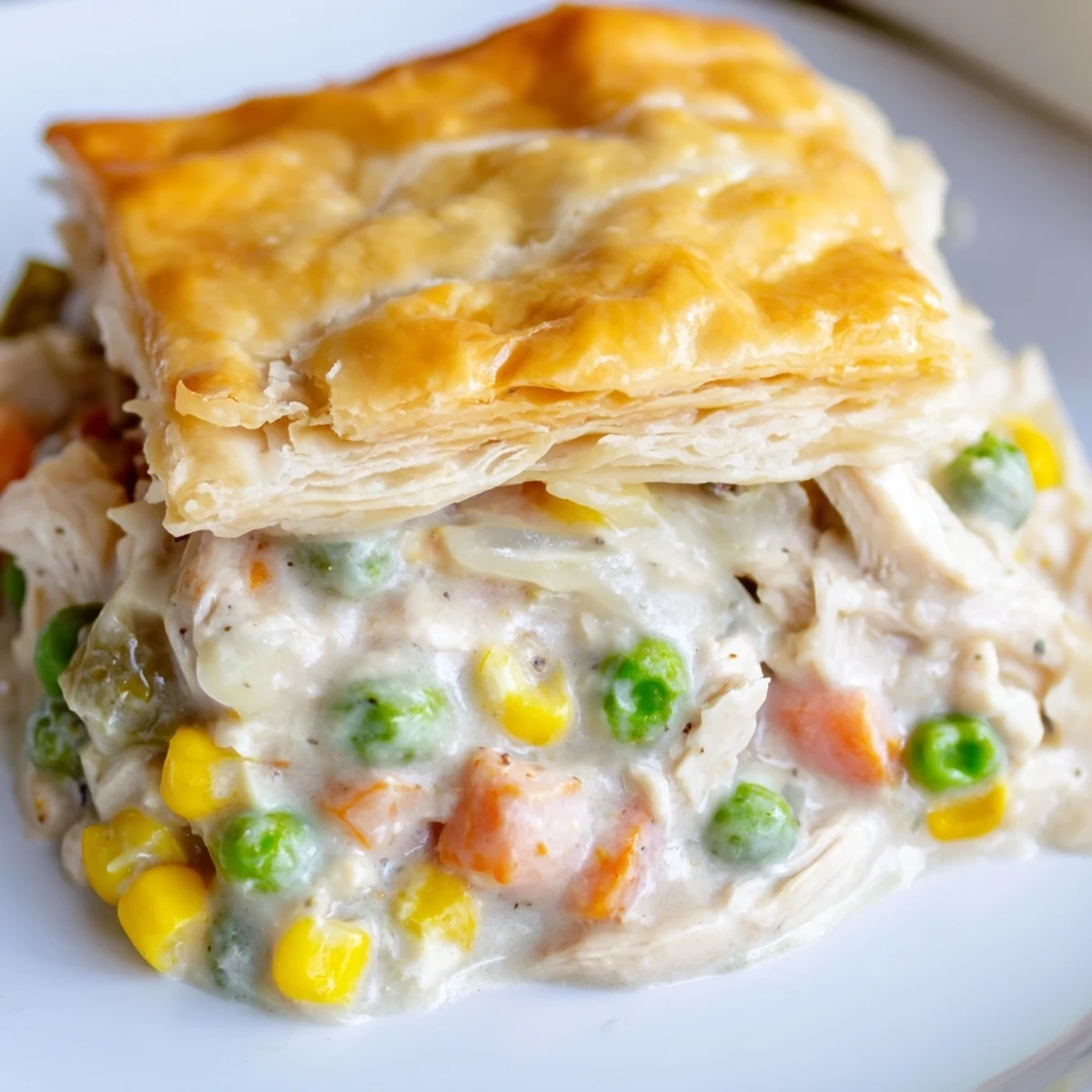 Golden-brown puff pastry crust topping a creamy Chicken Pie Casserole with corn and peas.