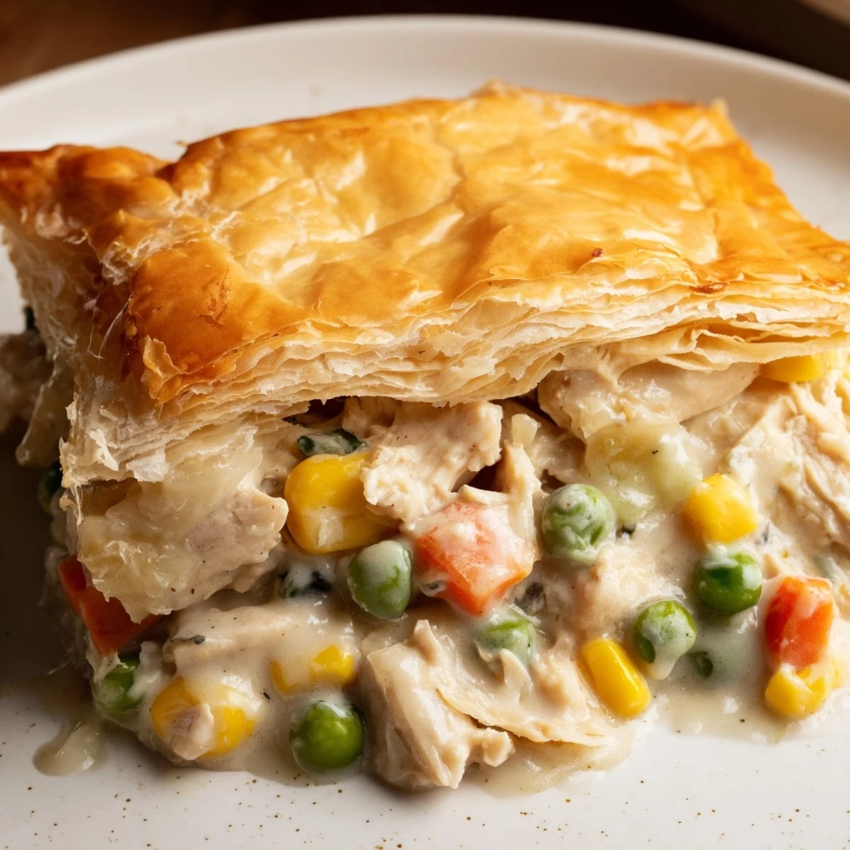 Hearty Chicken Pie Casserole with tender chicken and veggies, ready to slice and serve.