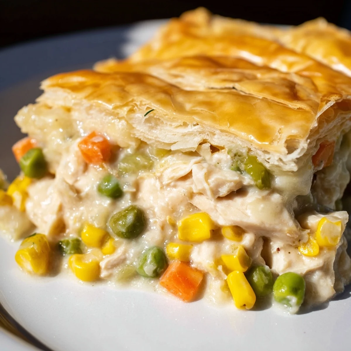 Homestyle Chicken Pie Casserole bubbling from the oven, served with a fresh green salad.