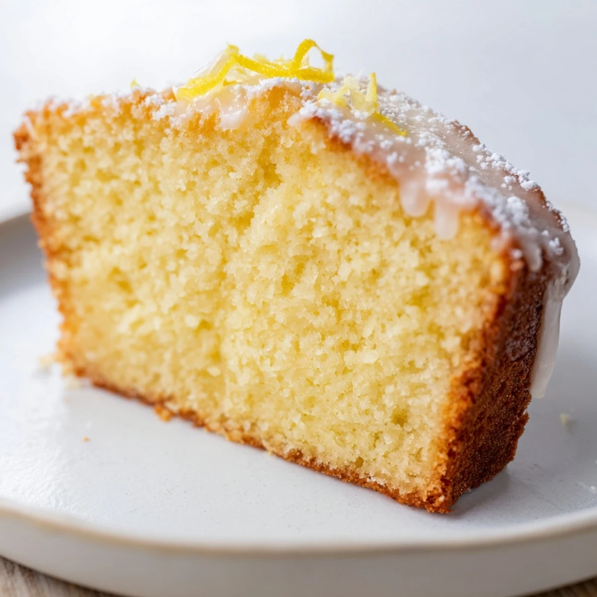 Freshly baked Lemon Bread Loaf with a golden crust and sticky lemon glaze, sliced on a rustic wooden board.