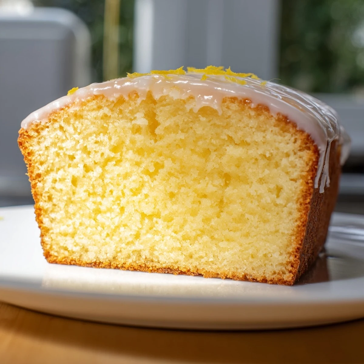 A moist slice of Lemon Bread Loaf topped with tangy glaze, served beside a steaming mug of black coffee.