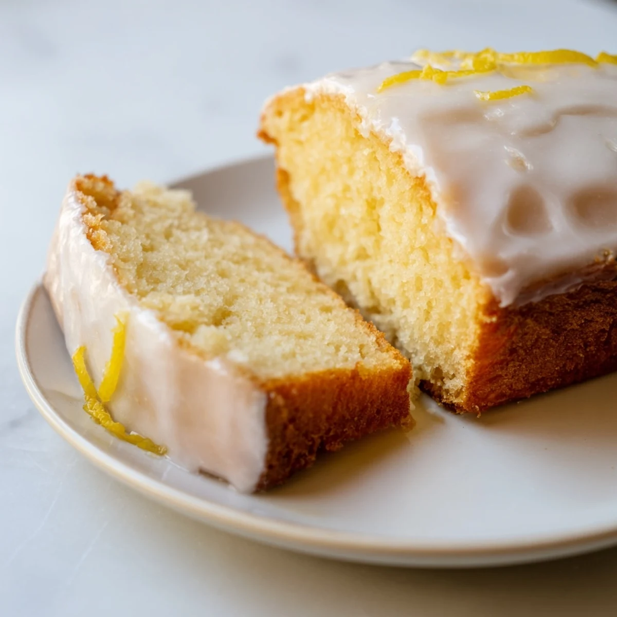 Whole Lemon Bread Loaf with glossy glaze and fresh lemon zest, ready to be sliced for an afternoon treat.