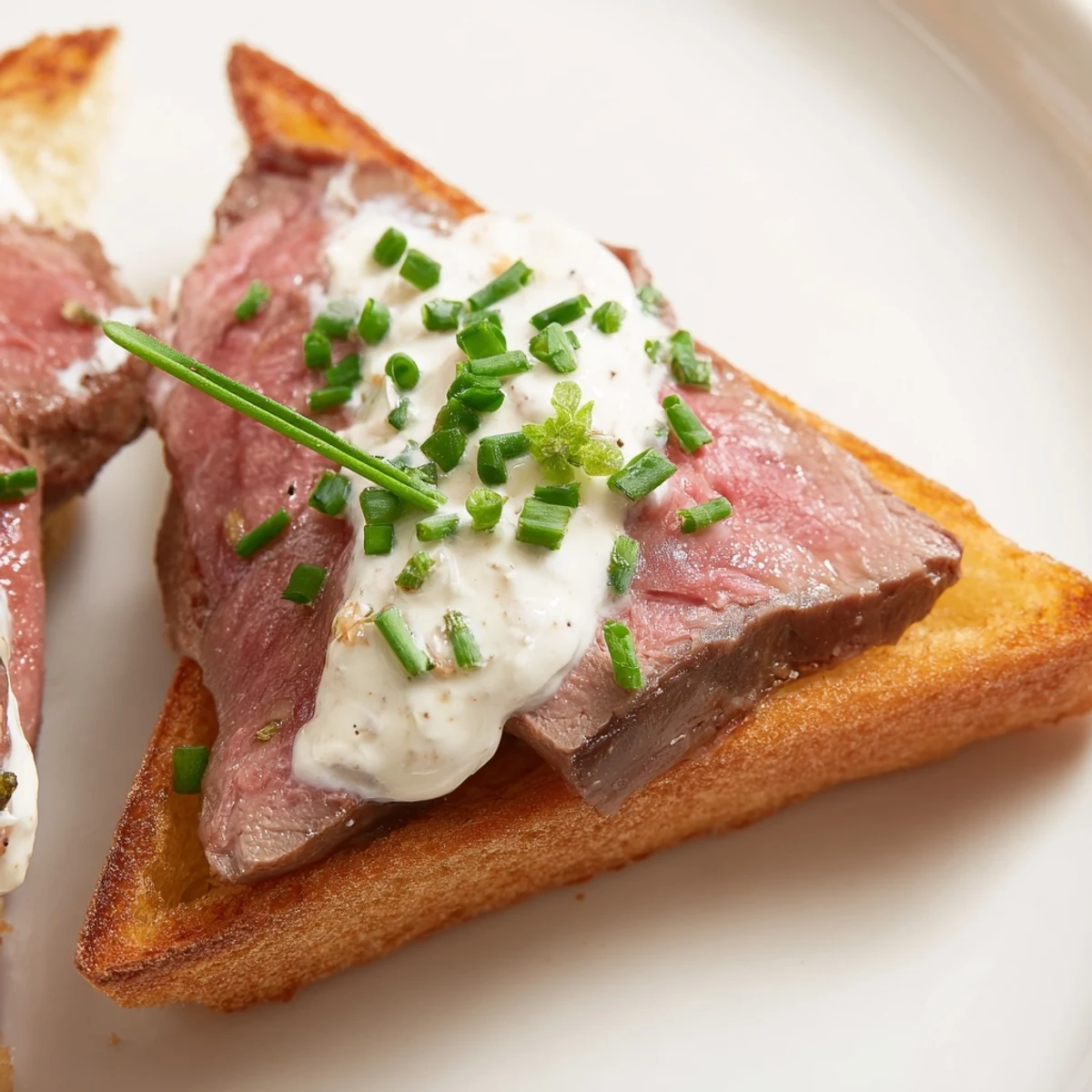 Crisp buttery toast triangles served as an appetizer with fresh chives and arugula garnish.